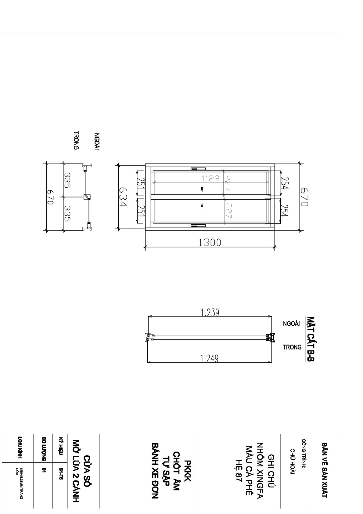 Bản vẽ kỹ thuật cửa sổ nhôm Xingfa mở lùa 2 cánh màu cà phê hệ 87
